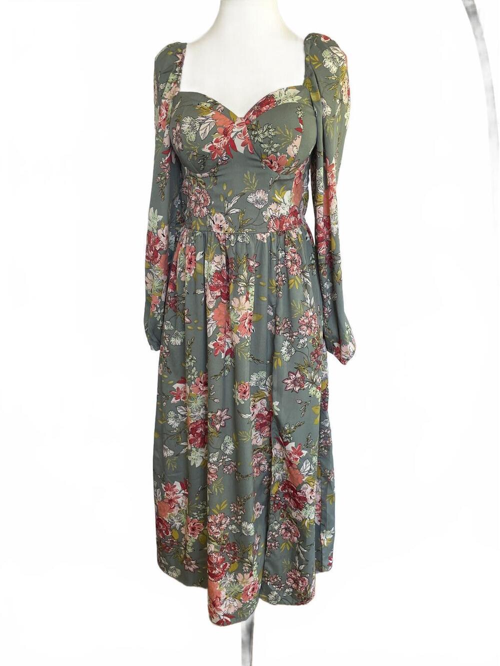 BOG Collective Green Floral Long Sleeve  Midi Dress Size Medium